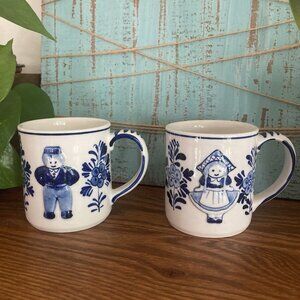 Delft Blue and White Set of 2 Dutch Girl & Boy Coffee Mugs Handpainted